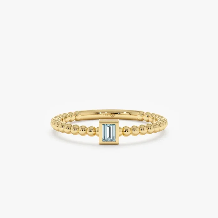 Aquamarine Ring In Solid Gold Beaded Design, Liv