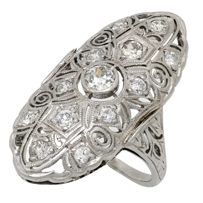 Art Deco diamond platinum navette ring