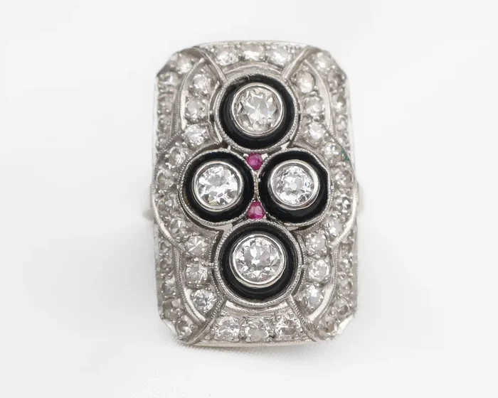 Art Deco Diamond Ring with Onyx & Rubies