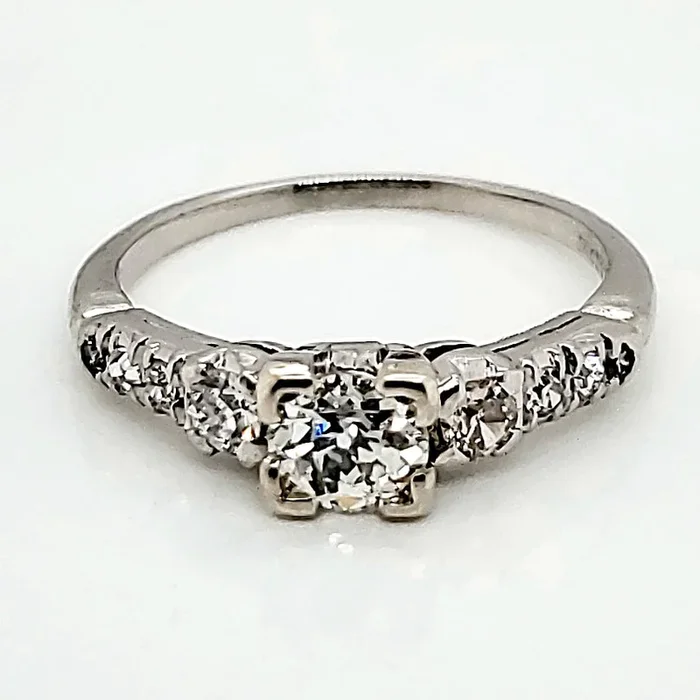 Art Deco Platinum .55 Carat Mine Cut Diamond Engagement Ring