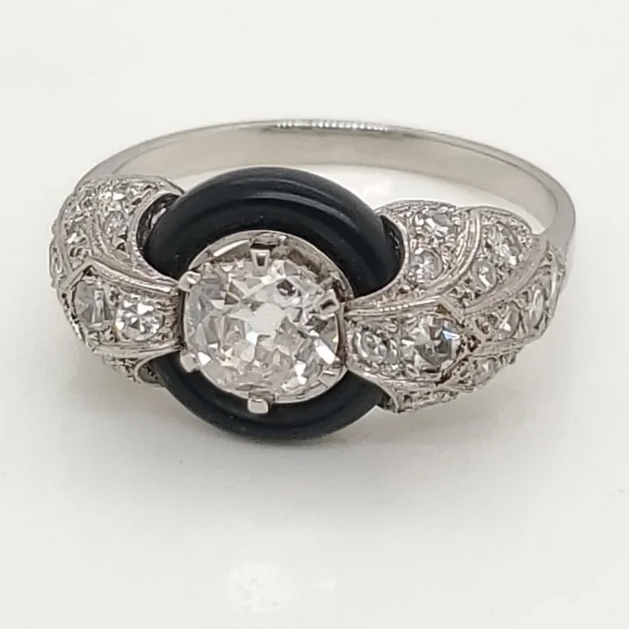 Art Deco Platinum Diamond and Onyx Ring
