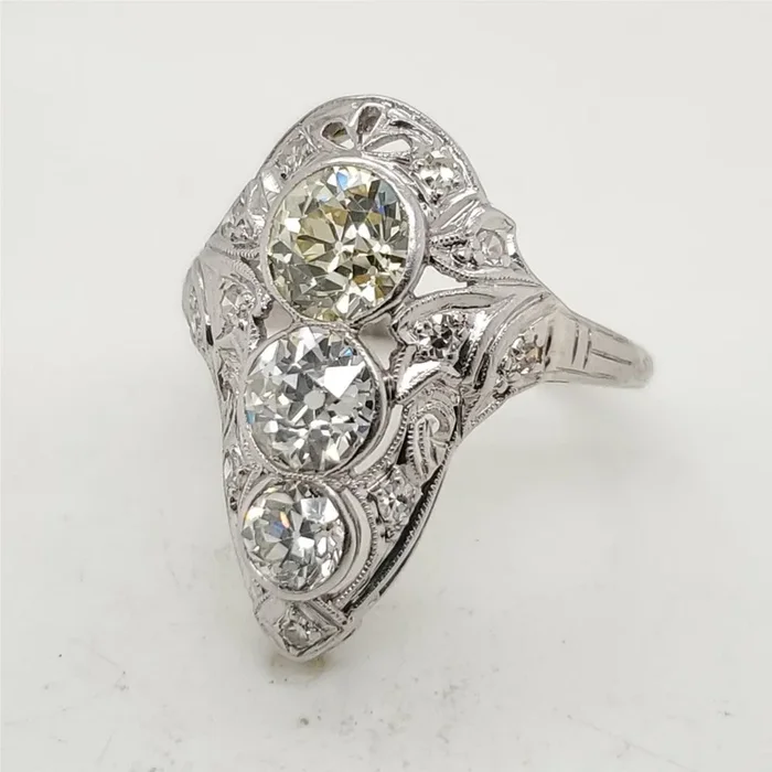 Art Deco Platinum Filigree Three Diamond Ring