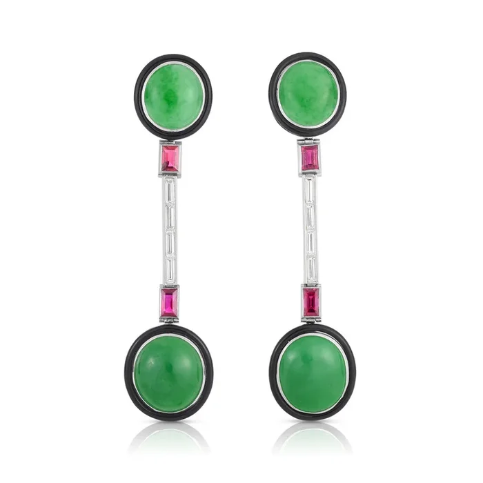 Art Deco Round Jade, Diamond & Ruby Earrings