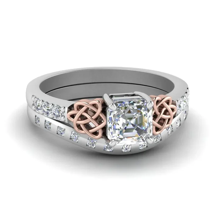 Asscher Cut Celtic Two Tone Ring And Wedding Band