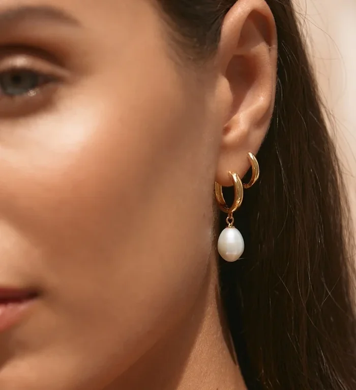 Aura Pearl Earrings & Small Bold Hoops Stacking Set Gold