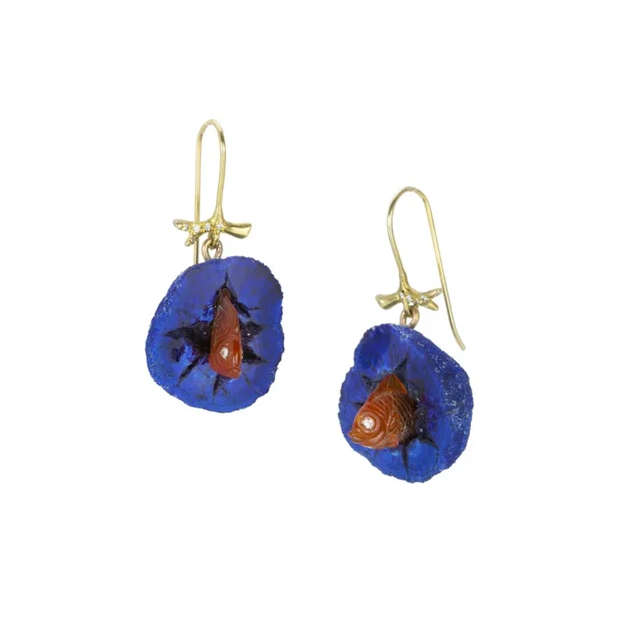 Azurite Geode Earrings with Carnelian Golden Fish