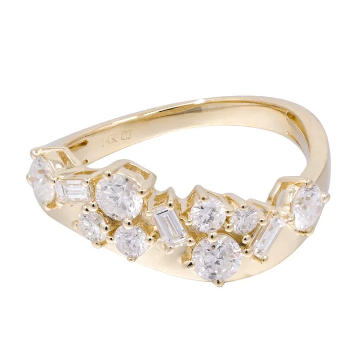 Baguette & Round Cluster Ring in 14K Yellow Gold