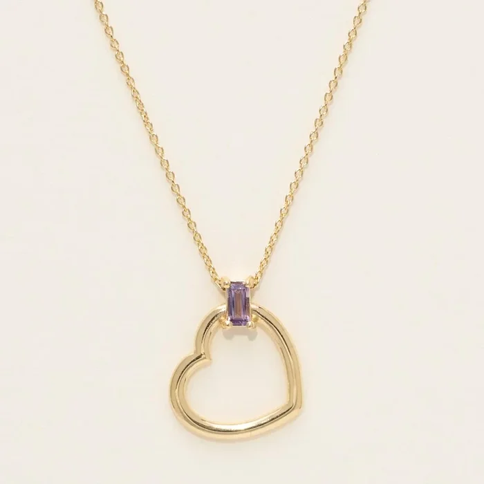 Baguette Amethyst Heart Necklace in 14kt Yellow Gold