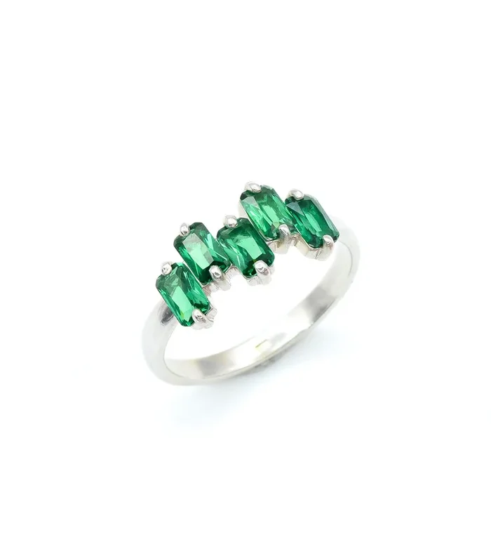 Baguette Emerald Ring, Silver Emerald Ring, Green Stone Ring