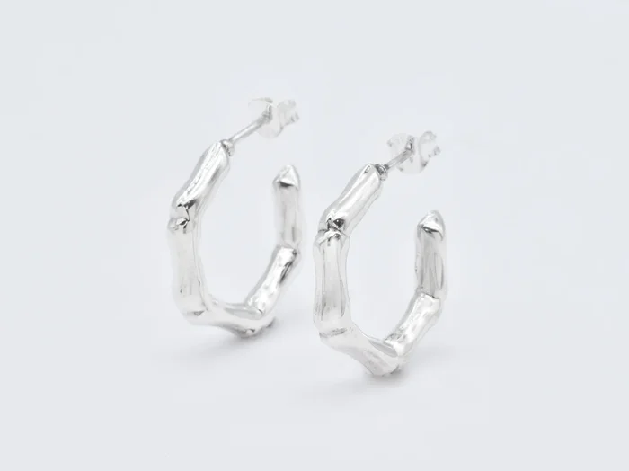 Bamboo Hoops Earrings – Silver Crooked Hoops – Small Hexagon Earrings