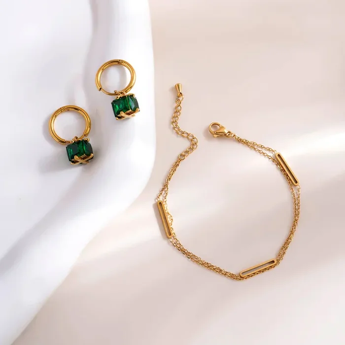 Bar Charm Bracelet & Emerald Hoop Earrings Combo Set