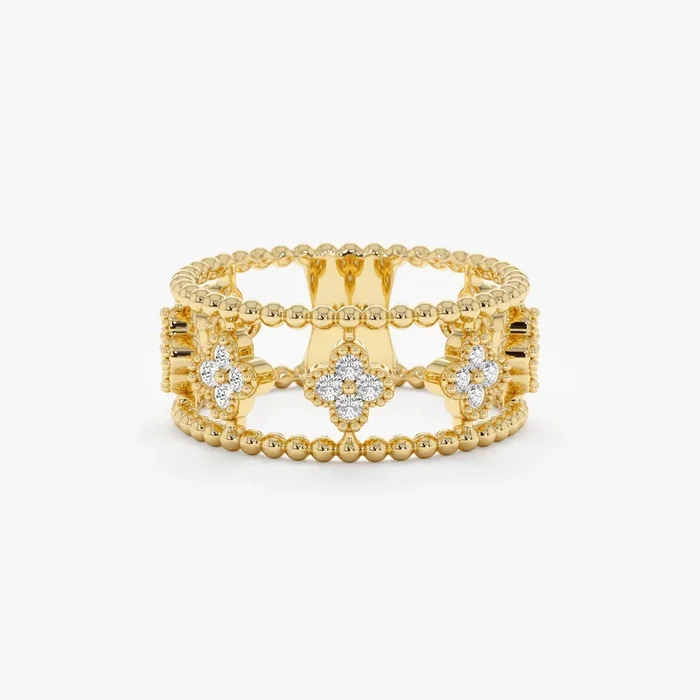 Beaded Design Diamond Clover Ring, Zada