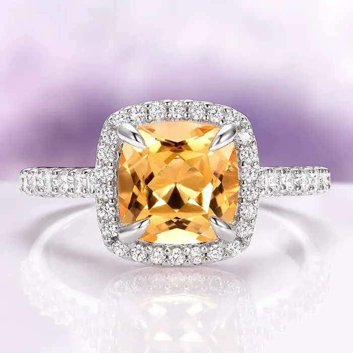 Belle Cushion Cut Natural Citrine Engagement Ring in 14K White Gold
