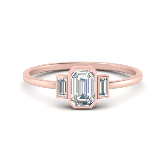 Bezel 3 Stone Emerald Cut Ring
