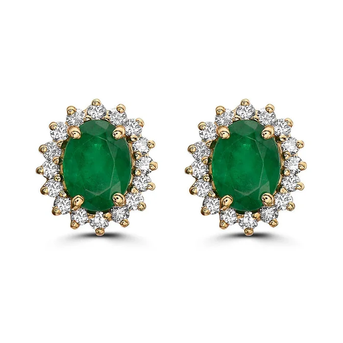 Birthstone Earrings 3 cts Natural Green Emerald Nude Diamonds in 14K Yellow Gold