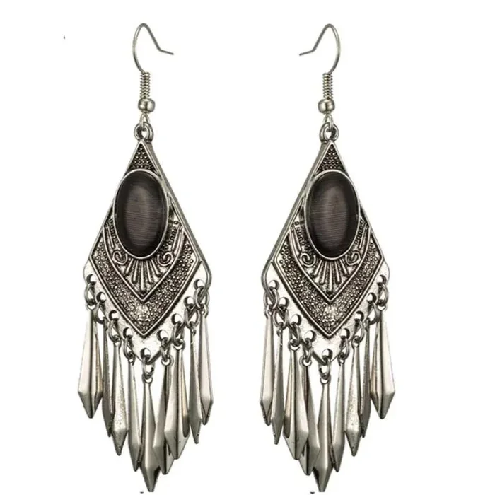 Black Cat’s Eye Stone Boho Dangle Earrings