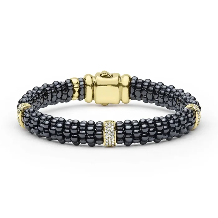Black Caviar 18K Gold & Black Ceramic Caviar Three-Station Diamond Bracelet