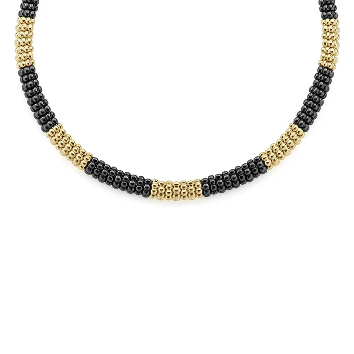 Black Caviar 18K Gold Large Station Ceramic Beaded Necklace | 9mm (studio)