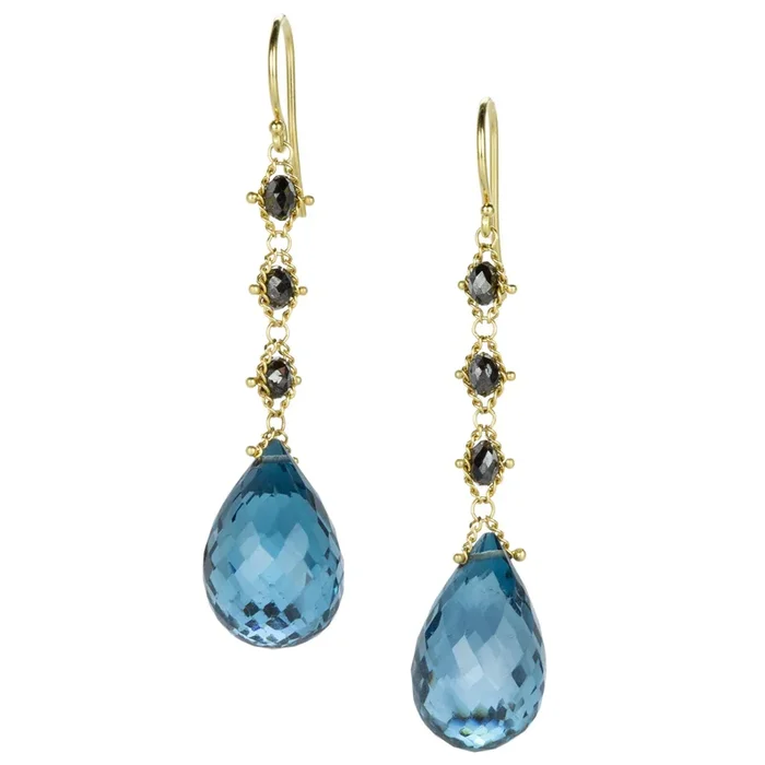 Black Diamond and London Blue Topaz Drop Earrings