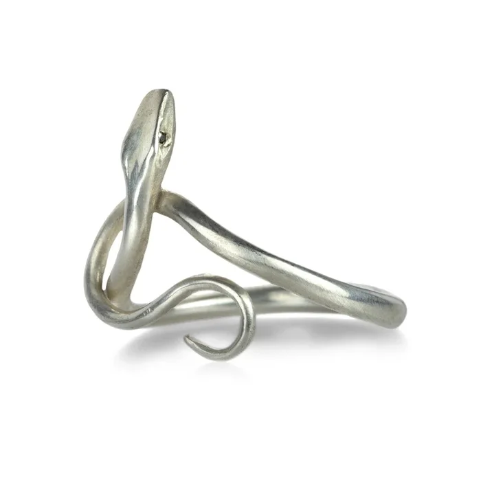 Black Diamond Eyed Silver Serpent Ring