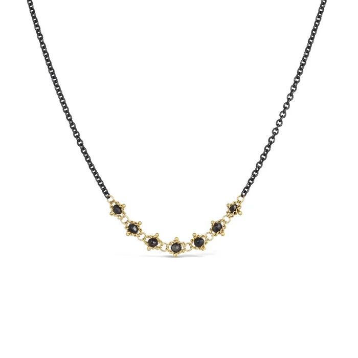 Black Diamond Textile Row Necklace in Oxidized Silver and 18k Gold