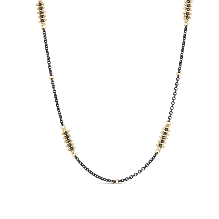 Black Diamond Textile Station Necklace in Oxidized Silver and 18k Gold