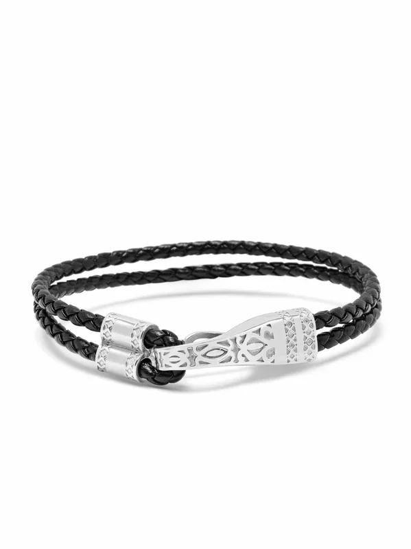Black Leather Bracelet with Silver Clasp