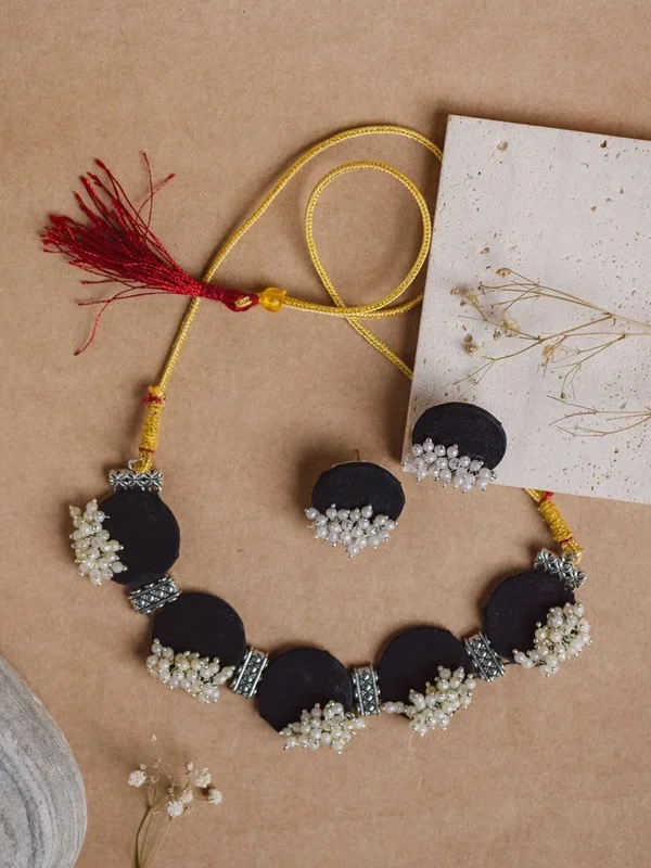 Black Pearly Fabric Choker and Earring Set
