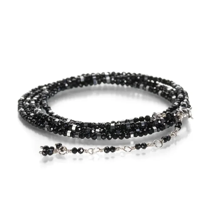 Black Spinel with Silver Confetti Wrap Bracelet