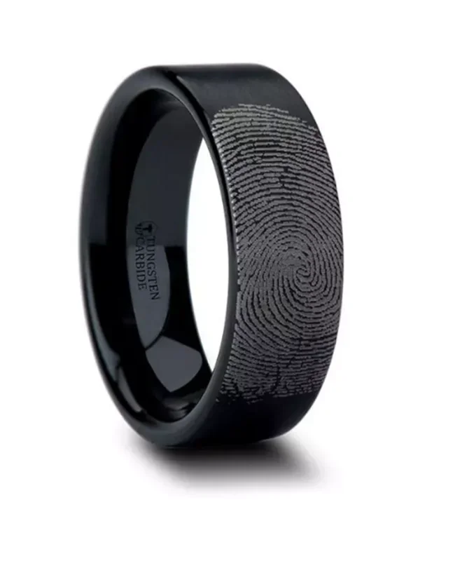 Black Tungsten ‘San Antonio’ Fingerprint Engraved Flat Pipe Cut Wedding Band