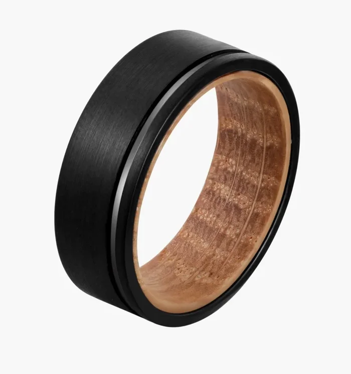 Black with Line and Wood Men’s Wedding Ring