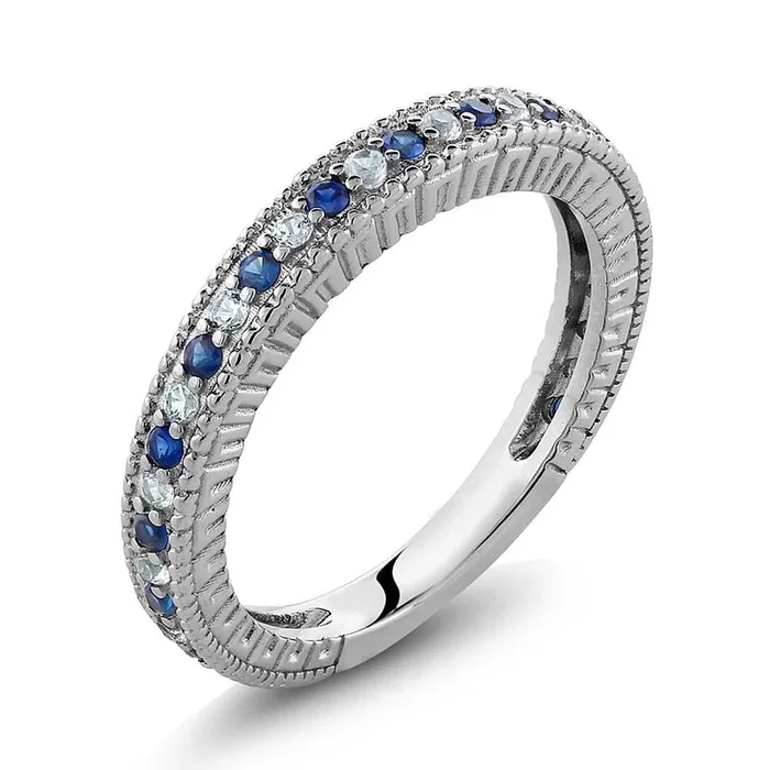 Blue and White Created Sapphire Ring | 925 Sterling Silver | Ladies Anniversary Wedding Band Ring For Women | 0.48 Cttw | Available In Size 5, 6, 7, 8, 9