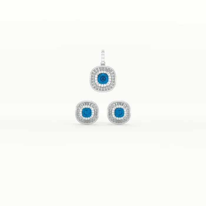 Blue Crystal Halo 925 Sterling Silver Pendant Earring Set