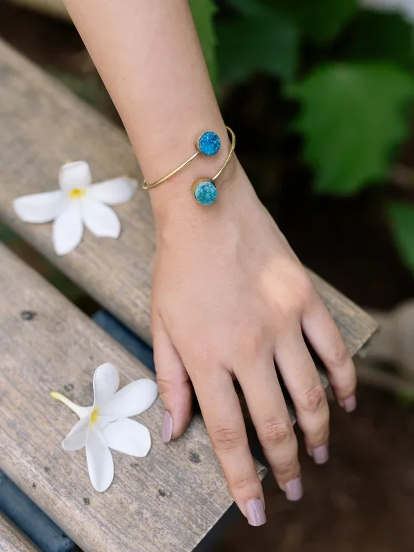 Blue Green Druzzy Stone Brass Adjustable Bracelet (Anti Tarnish)