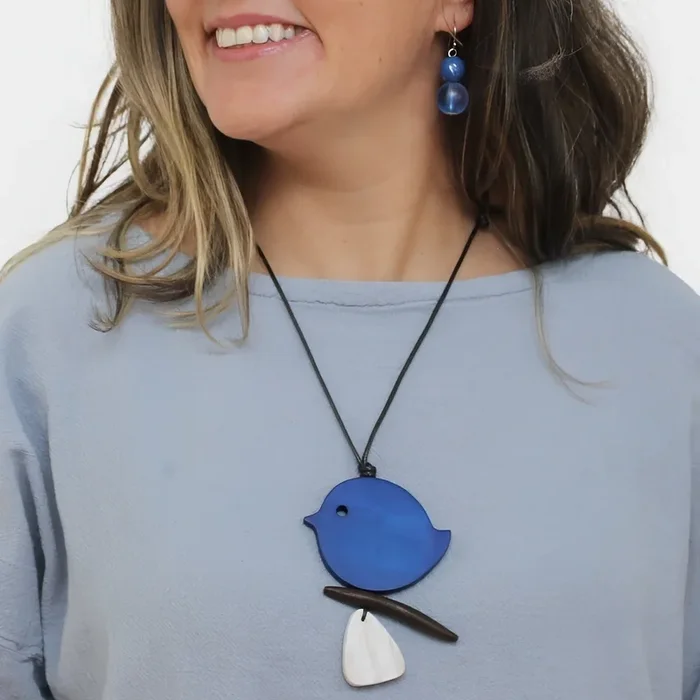 Blue Robin On A Branch Necklace