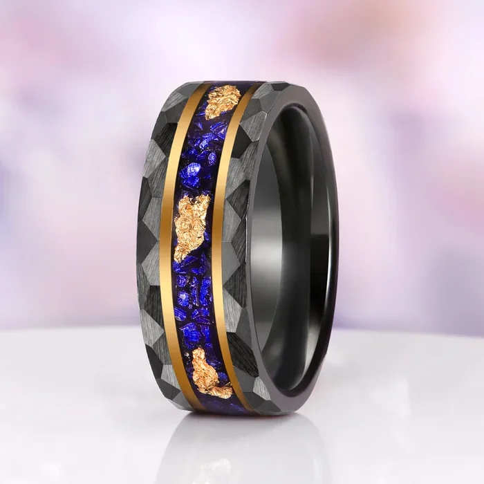 Blue Sapphire & Gold Leaf Hammered Wedding Band in Black Tungsten Carbide (8mm)