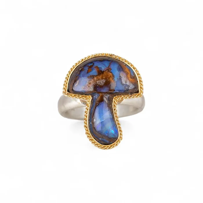 Boulder Opal Mushroom Ring in Sterling Silver and 18k Gold