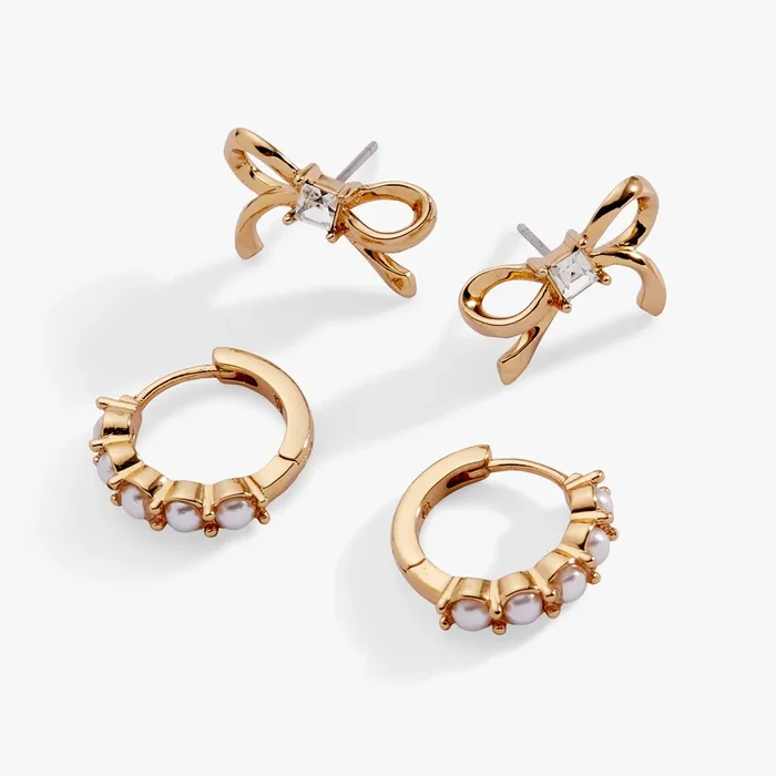 Bow Studs and Pearl Hoop Coquette Earring Set of 2