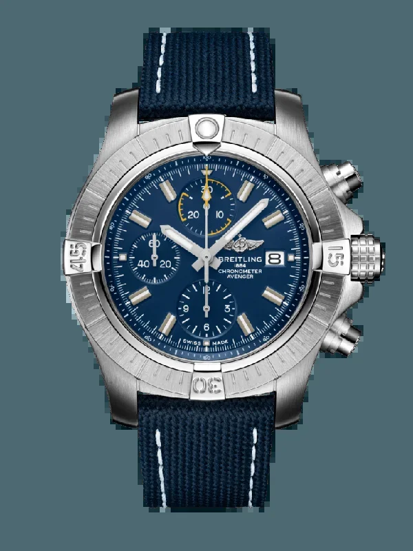 Breitling Avenger Chronograph 45MM in Stainless Steel with Blue Dial on a Blue Strap with Folding Clasp