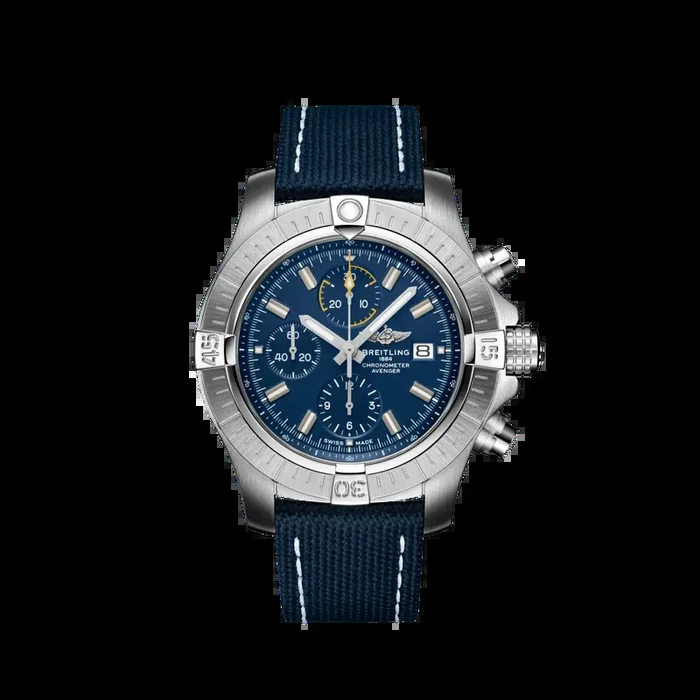 Breitling Avenger Chronograph 45MM in Stainless Steel with Blue Dial on a Blue Strap with Tang Buckle