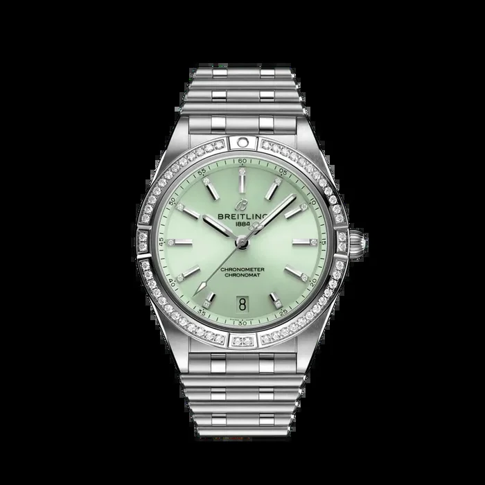 Breitling Chronomat 36MM in Stainless Steel with Mint Green Dial and Diamond Bezel