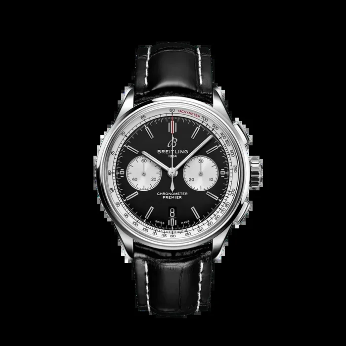 Breitling Premier B01 Chronograph 42MM In Stainless Steel with Black Dial on Alligator Leather with Tang Buckle
