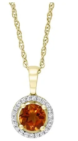 Bremer Jewelry 14K Yellow Gold Round Shape Citrine and Diamonds Solitaire Pendant with a 14K Yellow Gold Cable Link Necklace (0.66ctw)