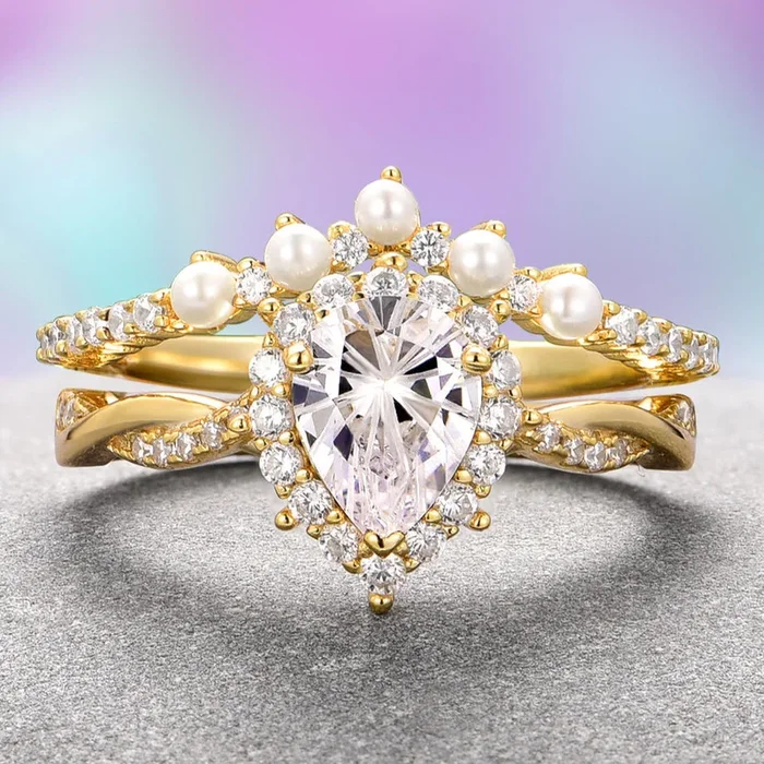 Briar Moissanite & Pearl Ring Set- 14K Solid Yellow Gold