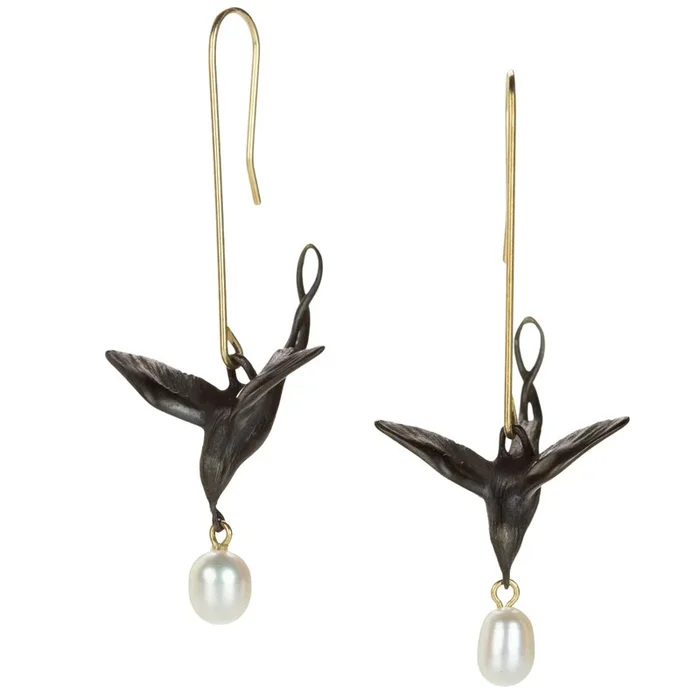 Bronze Flying Bird Drop Earrings with Pearls