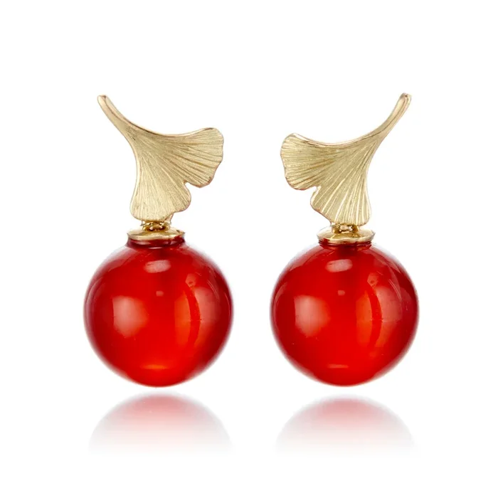 Brushed Gold Ginko Leaf & Carnelian Bead Earrings