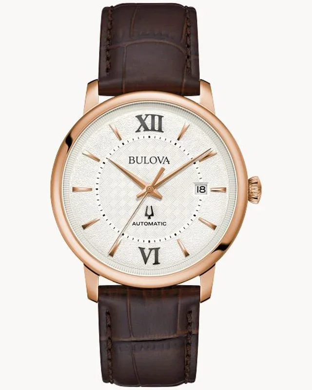 Bulova Hudson Mens Watch with White Dial and Brown Leather Strap (automatic movement)