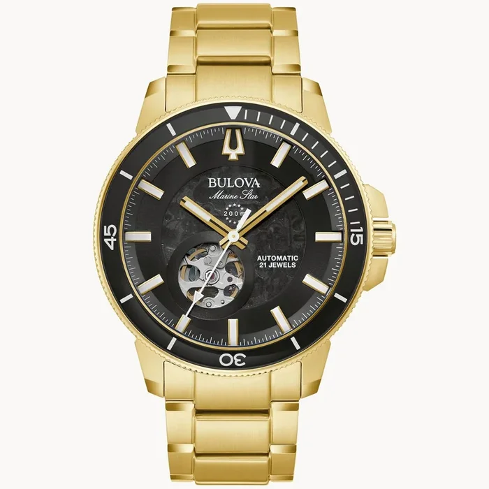 Bulova Marine Star Mens Watch with Black Dial and Yellow Gold Toned Bracelet (automatic movement)