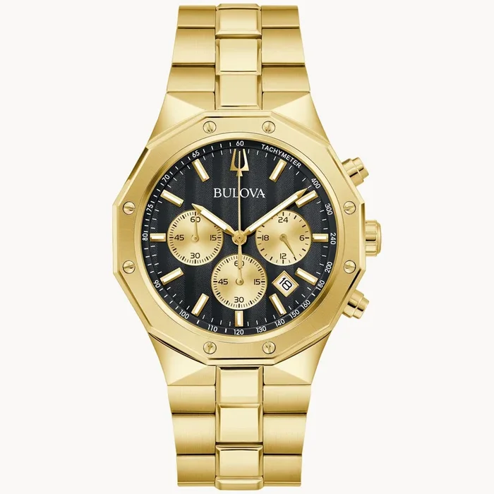 Bulova Prestige Mens Watch with Black Dial and Gold Toned Stainless Steel Bracelet (quartz movement)