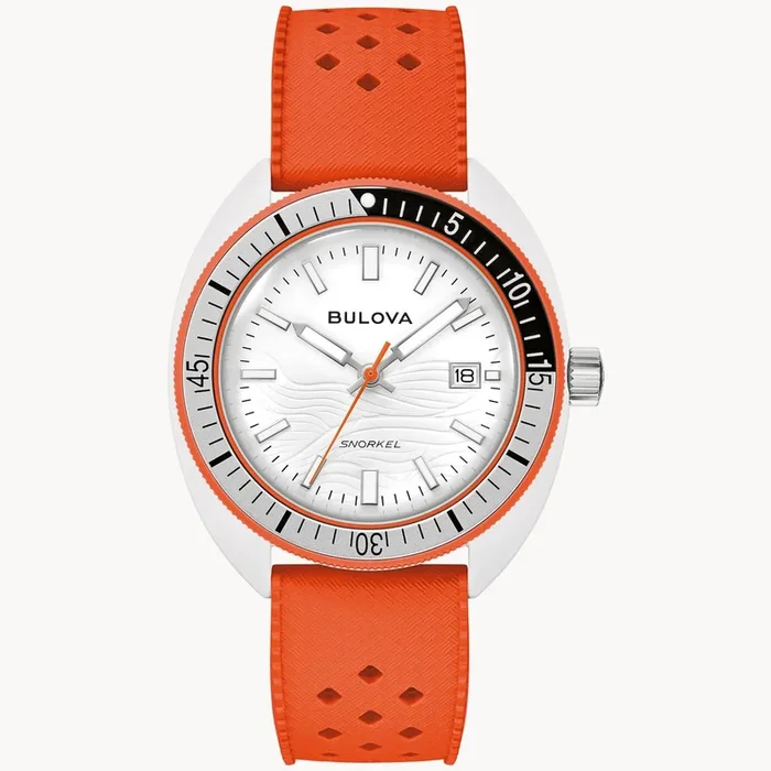 Bulova Snorkel Mens Watch with White Dial and Orange Rubber Strap (quartz movement)
